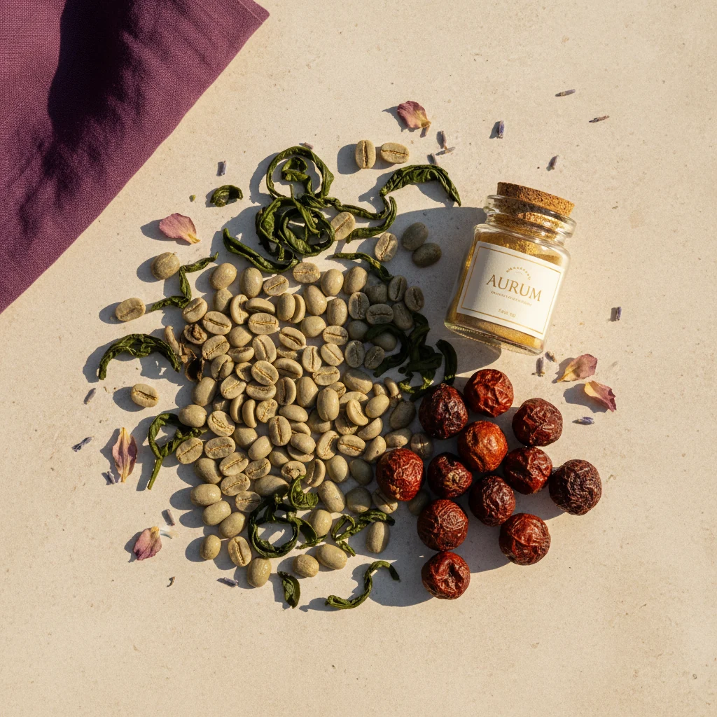 Fresh botanical ingredients - green coffee beans, green tea leaves, guarana berries for plant-based energy supplement
