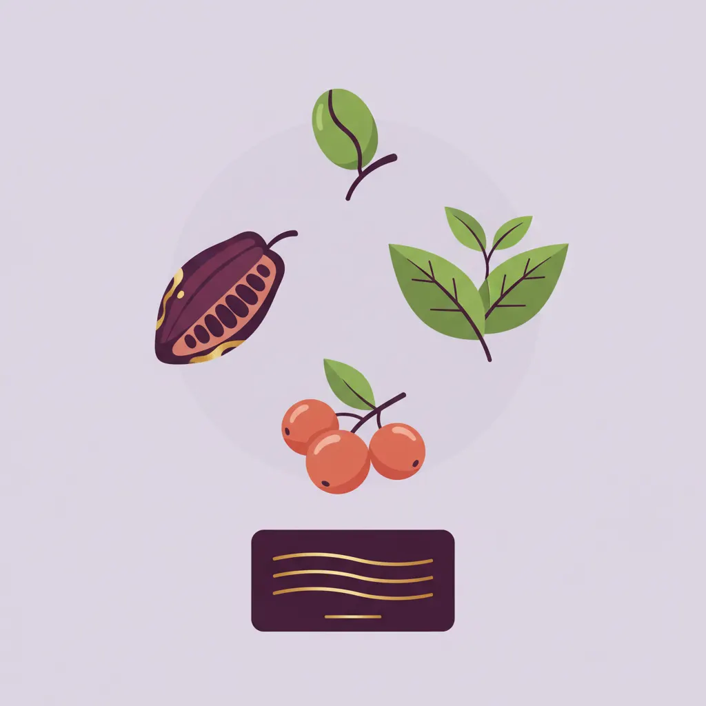 Flat-style illustration of green coffee bean, green tea leaf, guarana and cacao plant extracts for metabolism support