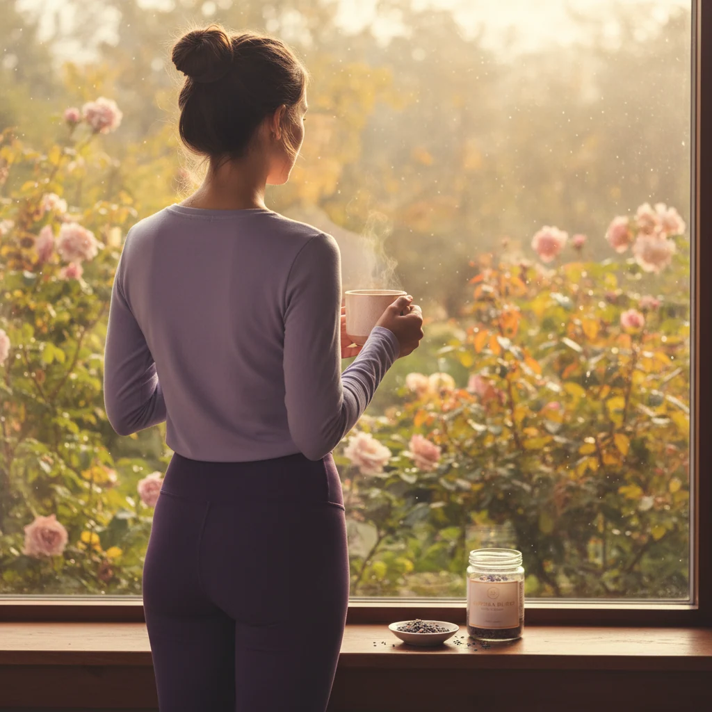 Person holding a warm mug looking out at a sunlit morning - food supplement for active lifestyle