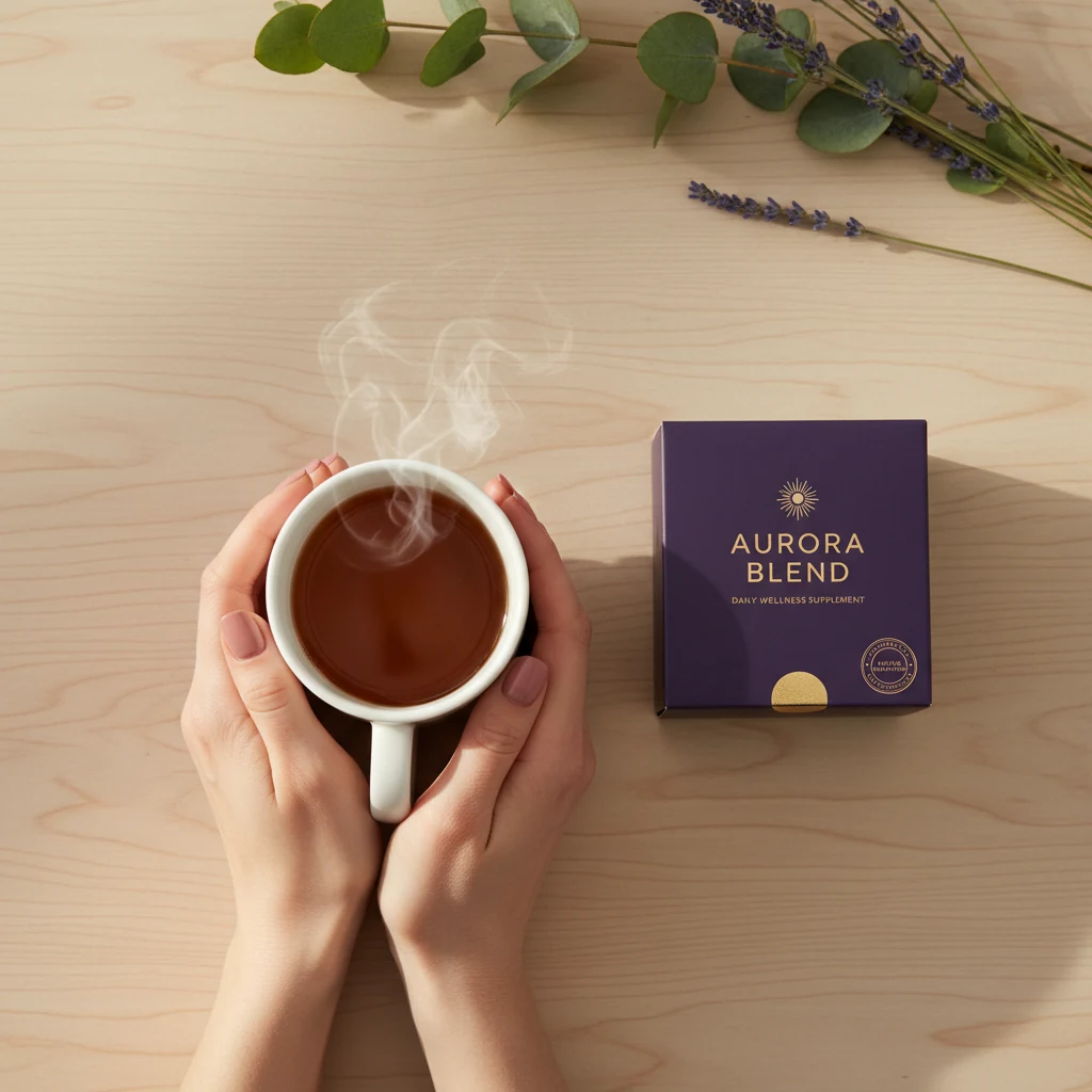 Hands cradling a white mug next to supplement box and fresh botanicals - green coffee extract supplement